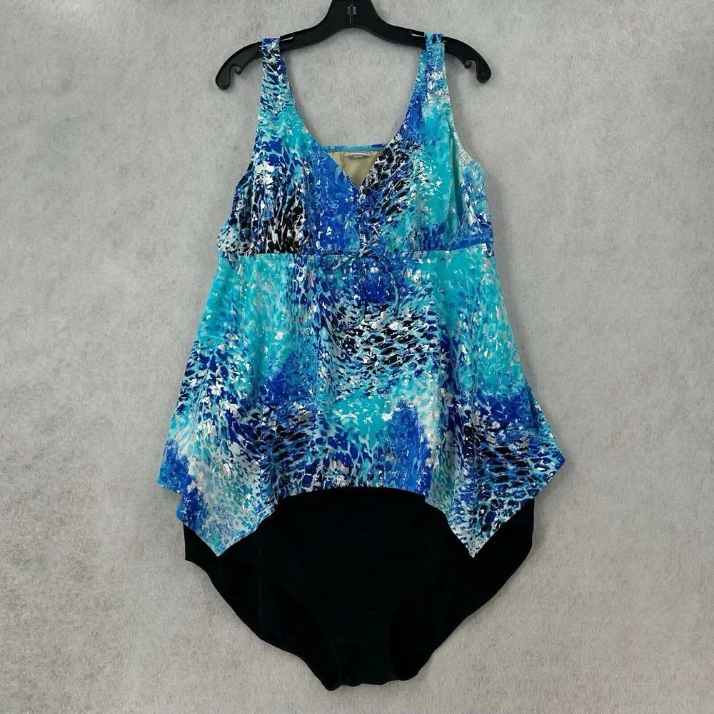 Avenue Swimsuit SZ 22 Tankini Two Piece Wide Strap Bra Layered Asymmetrical NICE